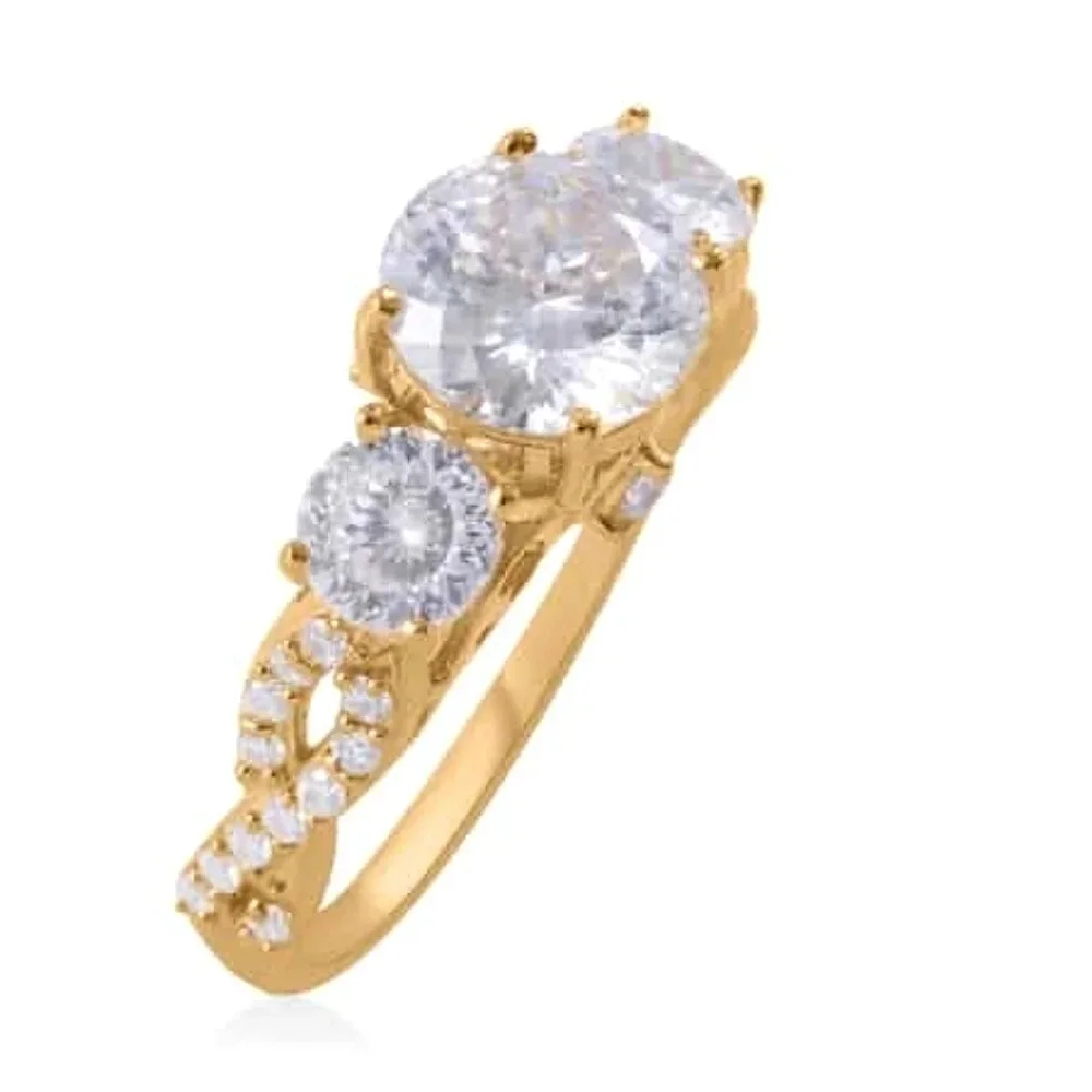 Genuine Moissanite Trilogy Ring In 14k YG Vermeil.